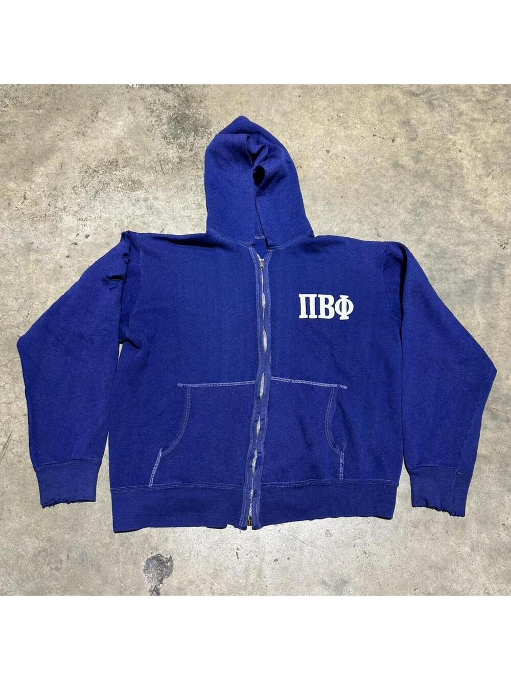 60s faded and thrashed blue frat hooded jacket